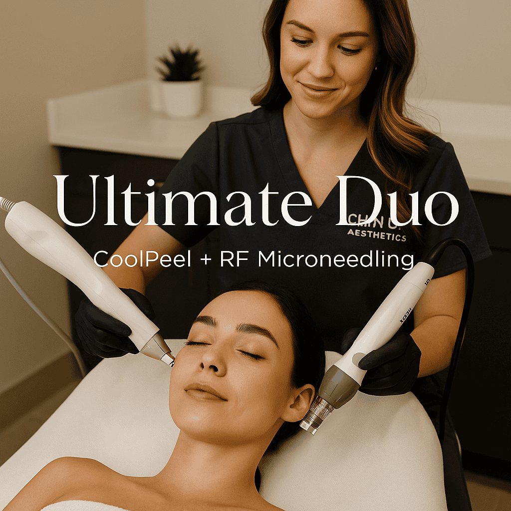 A woman receives a facial treatment from a professional using two handheld devices, with text overlay reading "Ultimate Duo: CoolPeel + RF Microneedling." Both individuals are in a clinical setting. Medspa near mea woman receives a facial treatment from a clinician using two handheld devices, one on each side of her face. text on the image reads "ultimate duo: coolpeel + rf microneedling. medspa near me