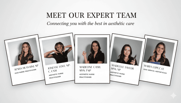 Expert aesthetic care team portraits and titles.