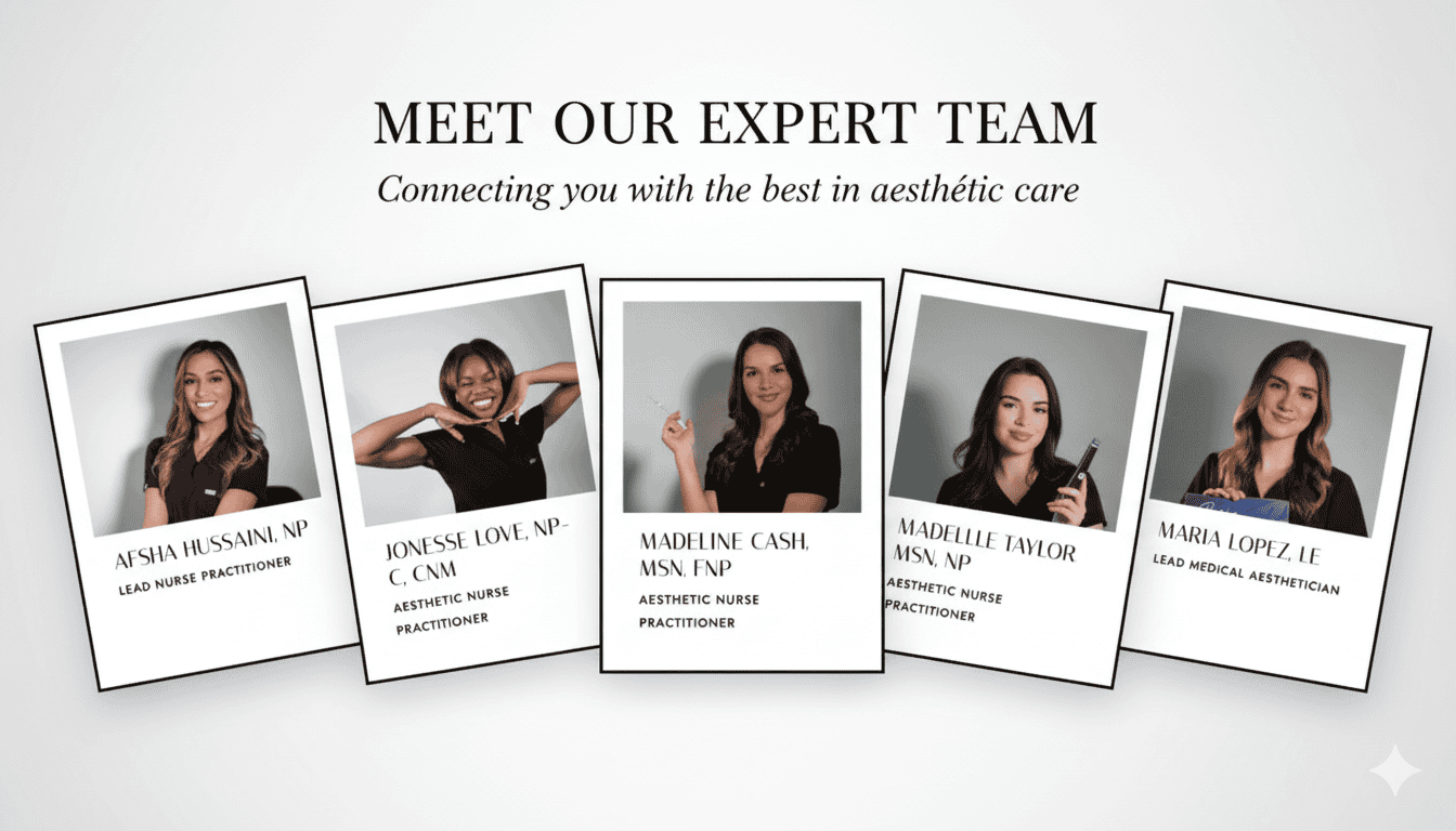 Expert aesthetic care team portraits and titles.
