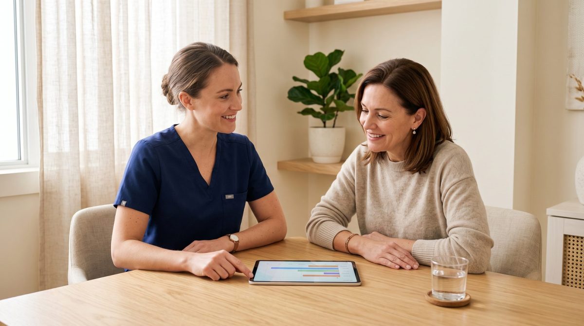 A Chin Up provider going over lab results with a patient at a wellness consult