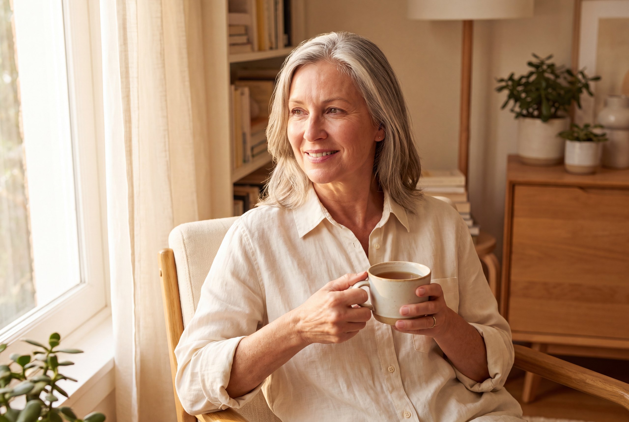 A woman relaxing at home, feeling rested