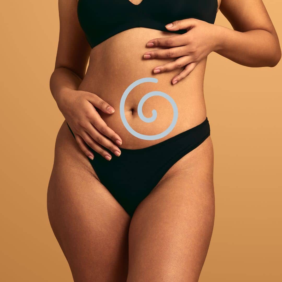 a woman in black underwear holds her stomach with one hand on top and one below against a beige background. a light blue spiral design is overlaid on her midsection. medspa near me a woman in black underwear holds her stomach with one hand on top and one below against a beige background. a light blue spiral design is overlaid on her midsection. medspa near me