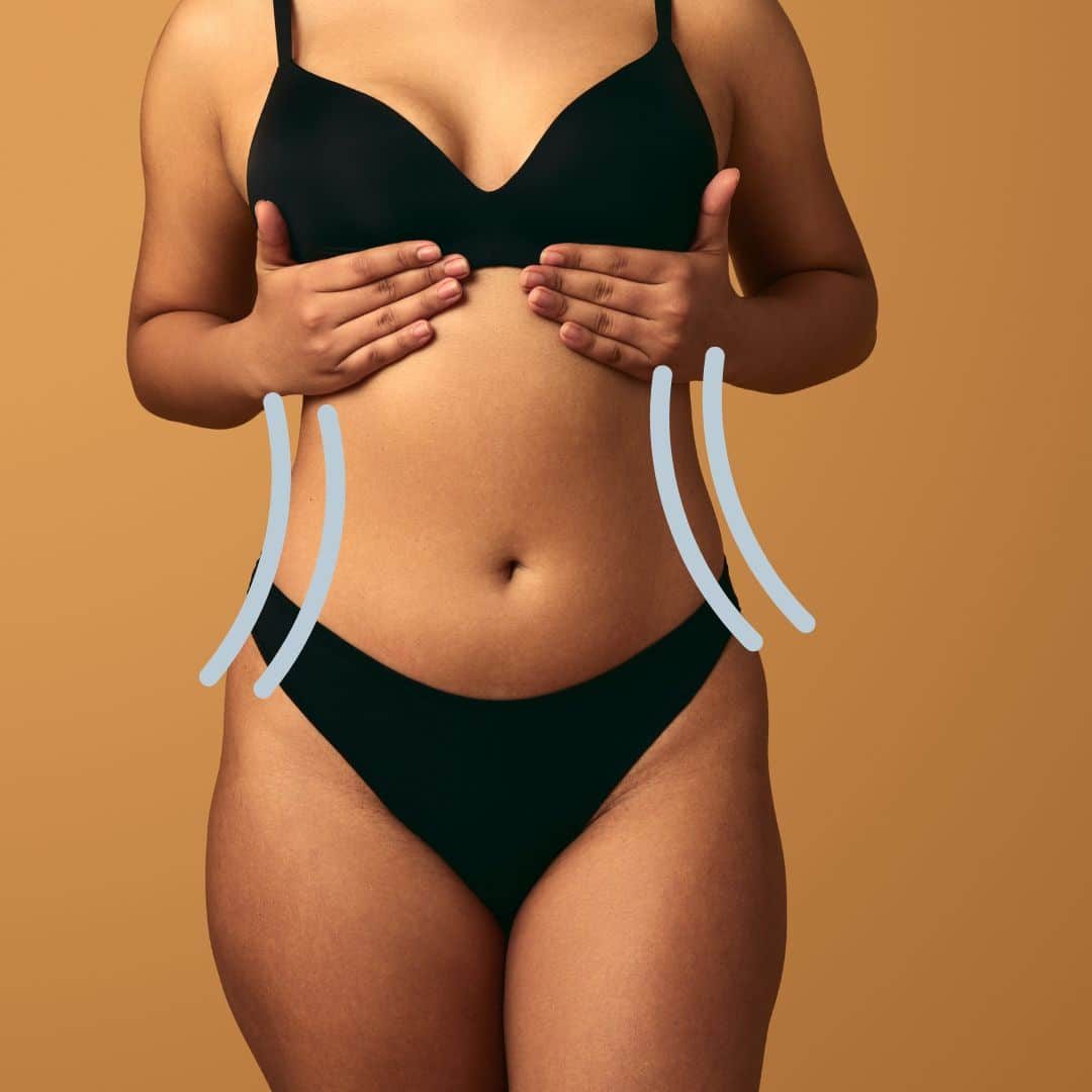 a person in black underwear stands against a beige background, with blue curved lines highlighting the waist area. their hands are placed on their chest. medspa near me a person in black underwear stands against a beige background, with blue curved lines highlighting the waist area. their hands are placed on their chest. medspa near me
