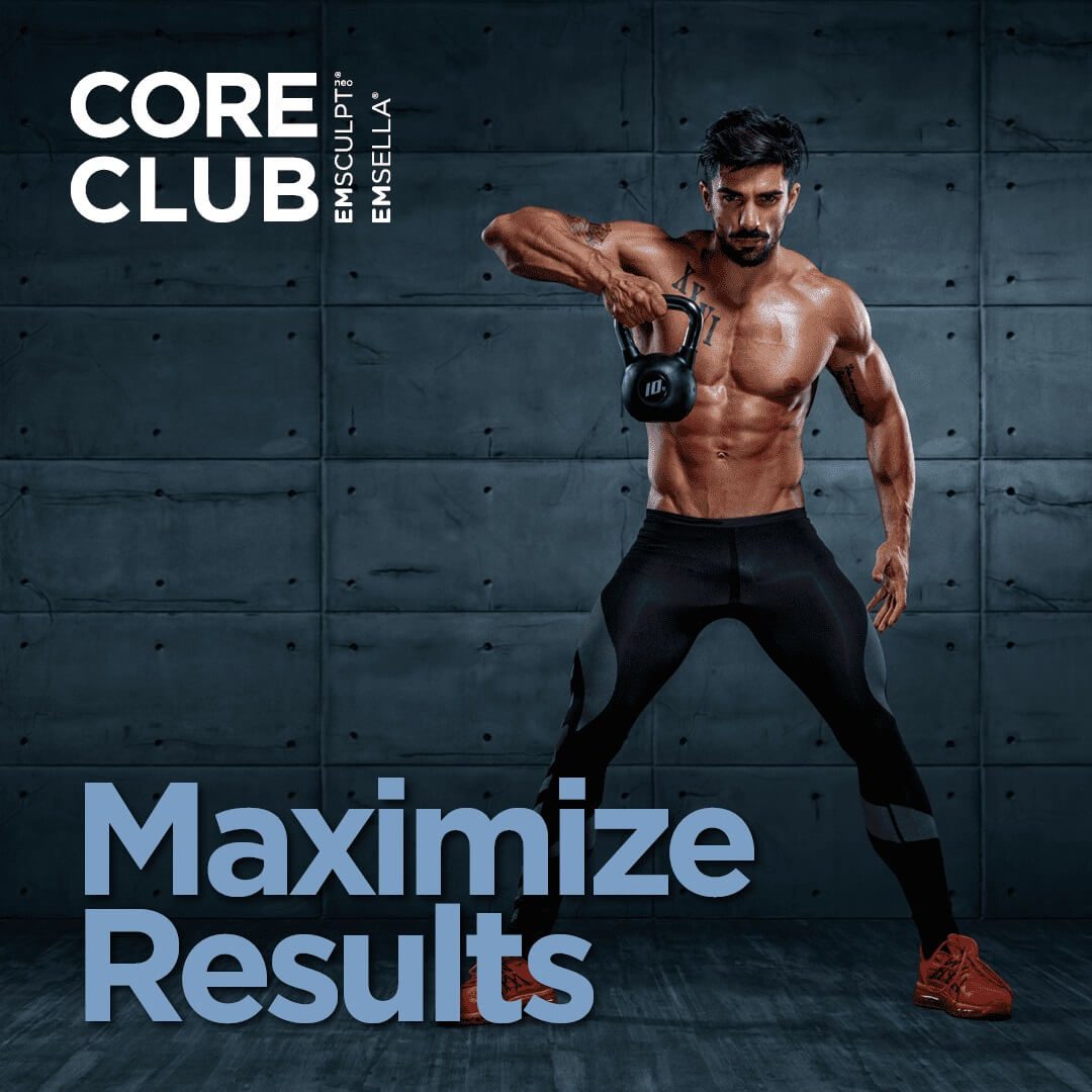 A muscular man in black workout pants performs a kettlebell exercise against a dark industrial background, showcasing impressive strength. &quot;Core Club&quot; and &quot;Maximize Results&quot; are written in bold text, embodying the precision and dedication often found in a medspa setting. Medspa near me
