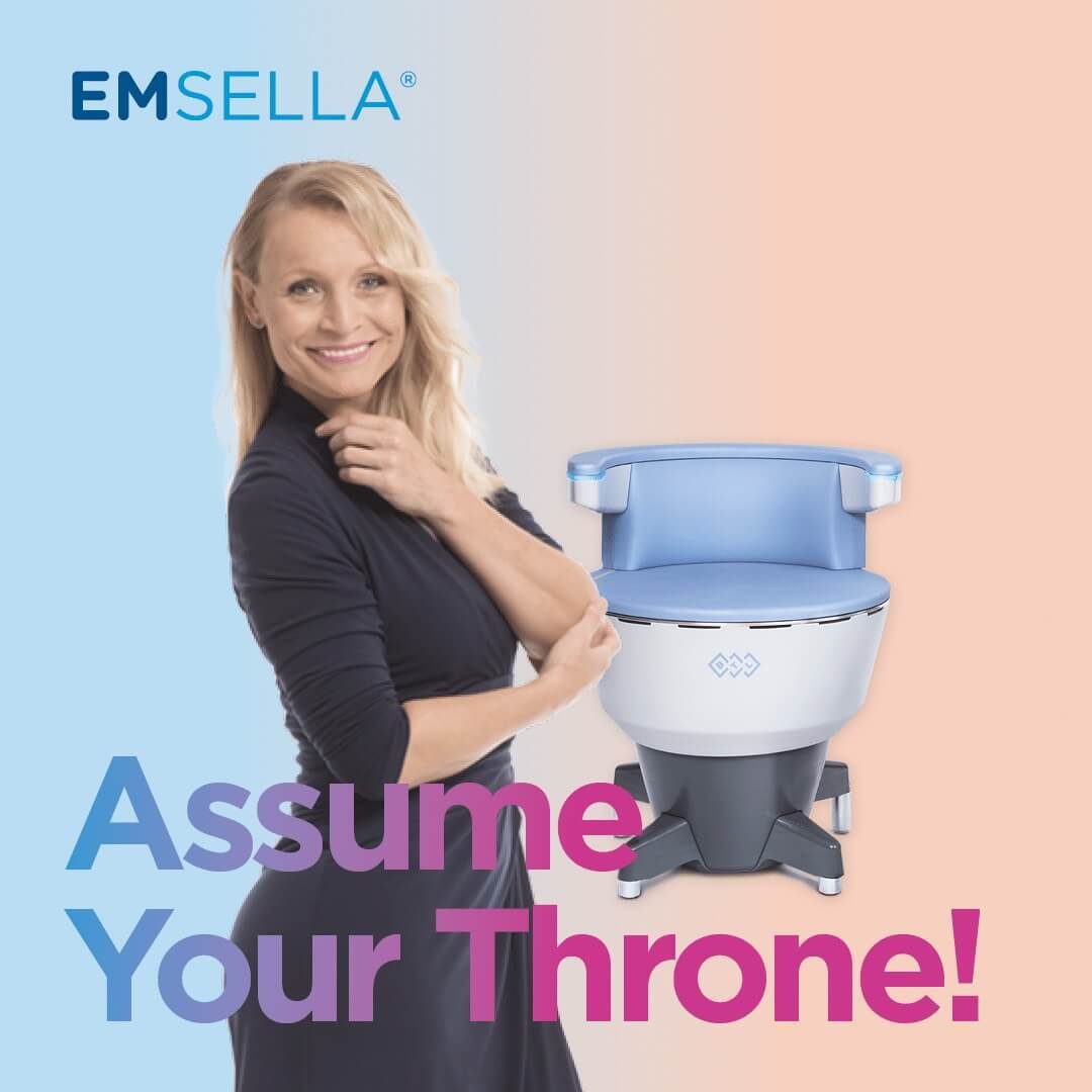 A smiling woman with long blonde hair stands beside a medical treatment chair at the best medspa. The logo "EMSELLA" is in the top left corner, and bold text at the bottom reads, "Assume Your Throne!" The background is a gradient of peach and light blue colors. Medspa near me A smiling woman with long blonde hair stands beside a medical treatment chair at the best medspa. The logo "EMSELLA" is in the top left corner, and bold text at the bottom reads, "Assume Your Throne!" The background is a gradient of peach and light blue colors. Medspa near me