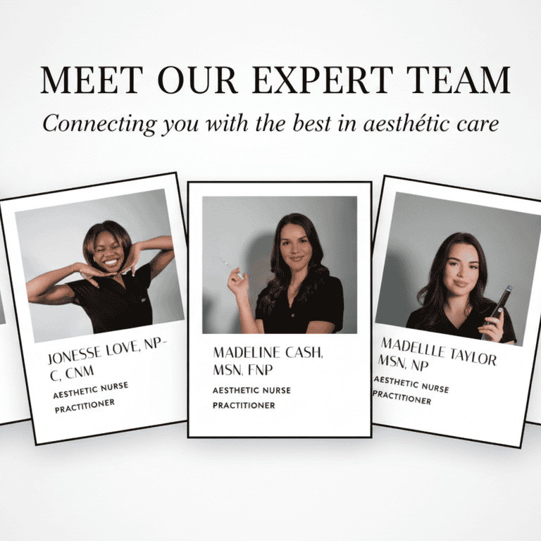 Expert aesthetic care team portraits and titles.