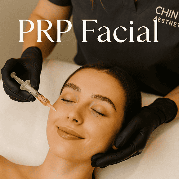 a woman lies on a treatment bed with her eyes closed, smiling gently as a practitioner in black gloves prepares to inject her cheek with a syringe. text on the image reads "prp facial. medspa near me
